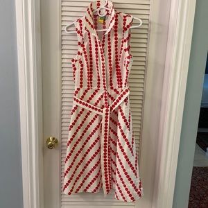 Boden pink polka-dot cotton-blend A-line belted sleeveless dress (6R) Stained!